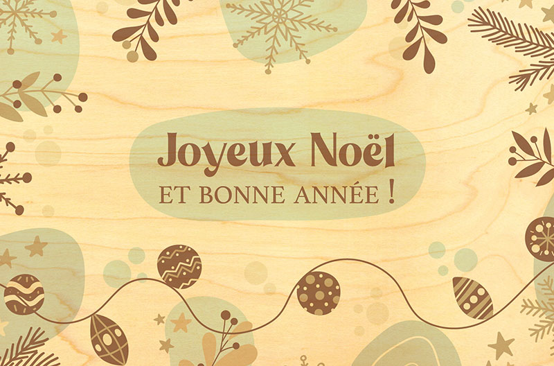 Carte postale en bois - Joyeux Noël et Bonne Année - Sapin