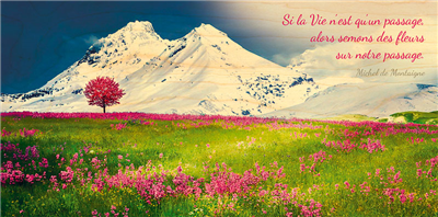 Carte panoramique montagnes et fleurs roses