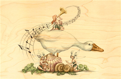 Carte postale en bois fée oie musique escargot